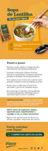E-mail Sopa de Lentilha de um jeito Vapza, com receita passo a passo e CTA de compra